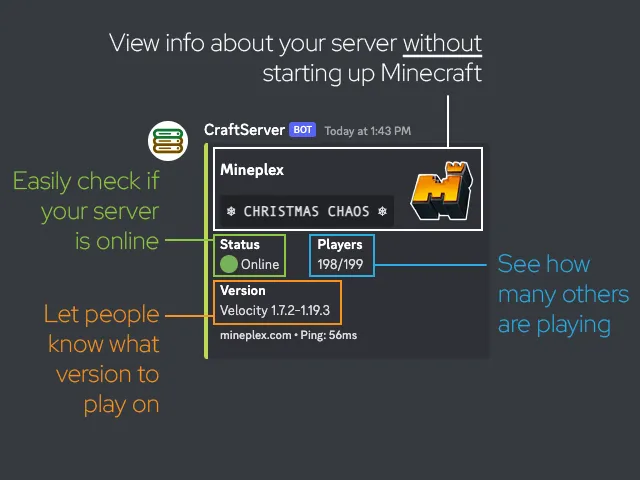 View info about your server without starting up Minecraft. Easily check if your server is online. See how many others are playing. Let people know what version to play on.